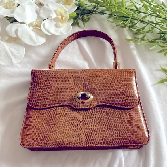 Vintage Murray Kruger Caramel Brown Snakeskin Embossed Top Handle Handbag - Picture 1 of 17